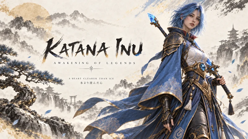 Blue-haired ice warrior in ornate armor against snowy mountains