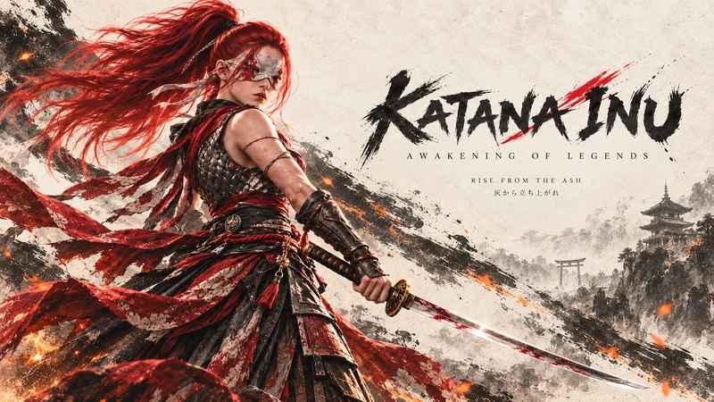Blindfolded red-haired warrior wielding a blood-red katana