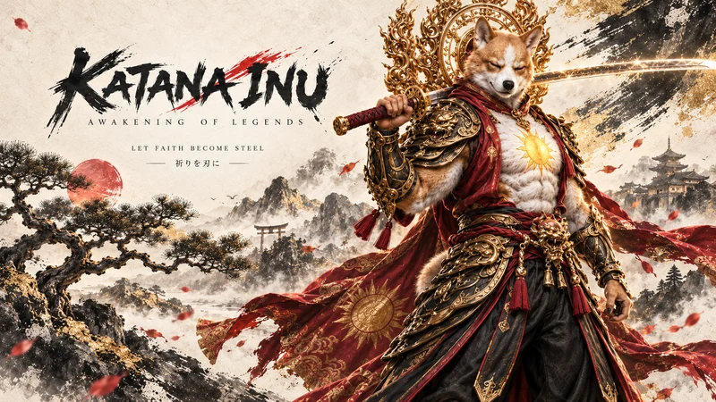 Katana Inu in golden armor carrying a glowing katana