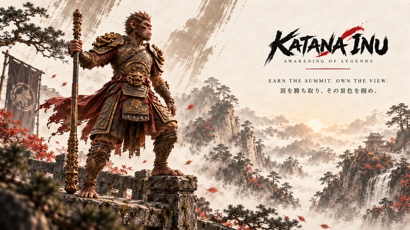 Monkey warrior standing above a mountain valley with his staff