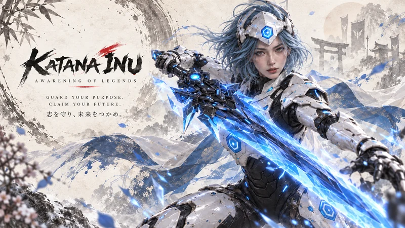 Blue-haired cyborg drawing a crystalline ice-blue katana