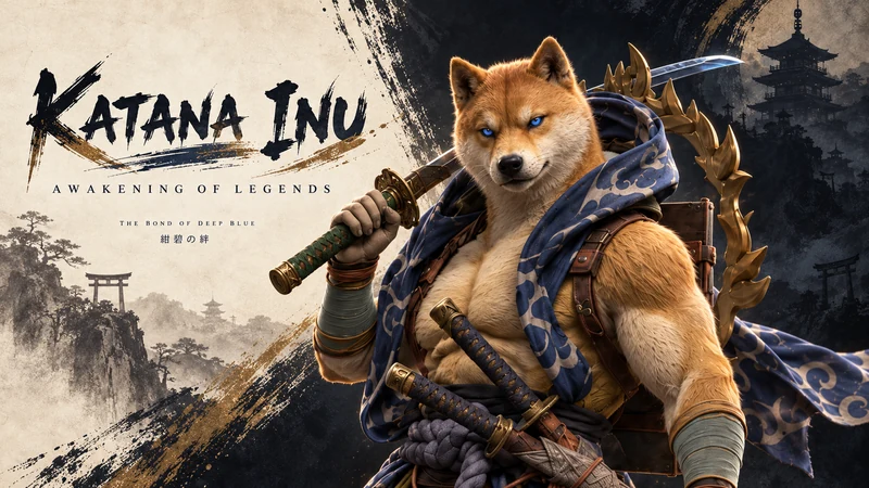 Blue-eyed Katana Inu samurai carrying two swords